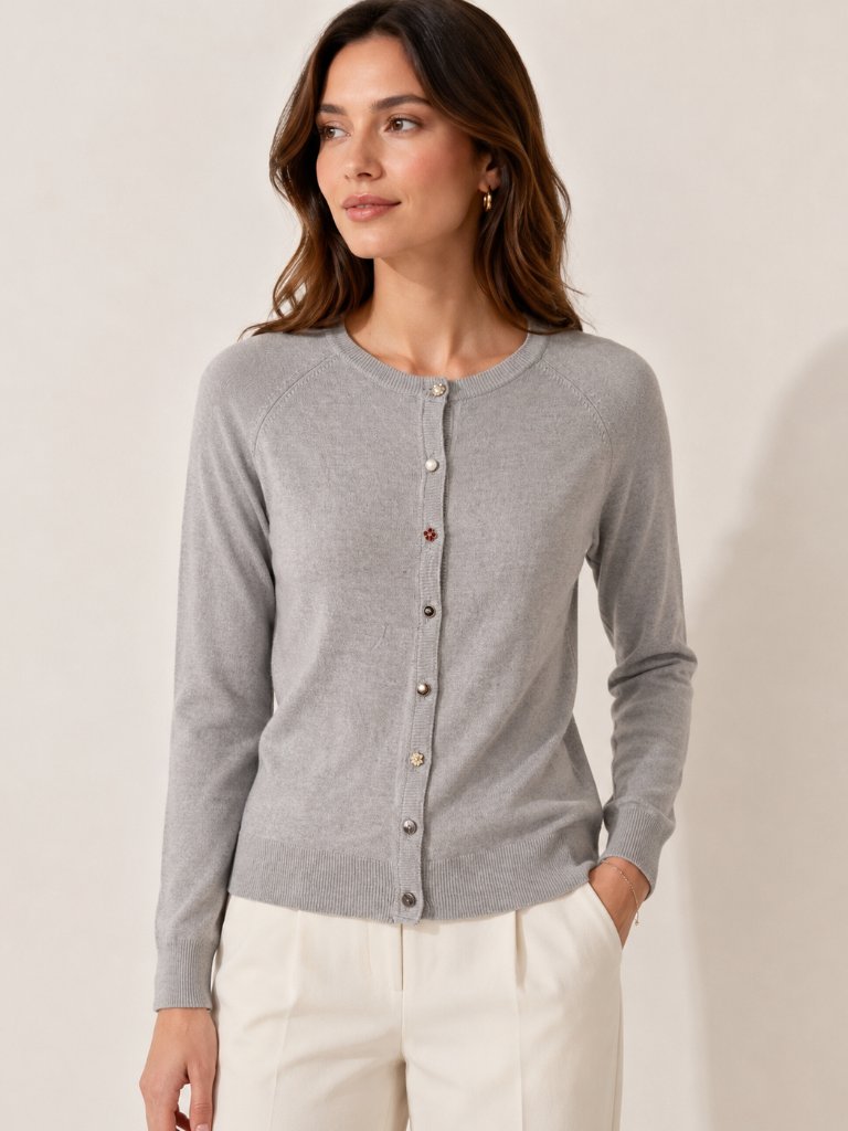Light Gray Raglan Sleeve Cardigan Button Detail One Size